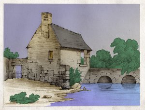 Bauernhaus am Flussufer. um 1830 (Illustration) von . .