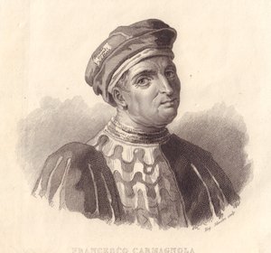 Porträt des italienischen Militärführers Francesco da Bussone, auch bekannt als Carmagnola (1380-1432), Kupferstich von E. Silvestri nach einem Gemälde