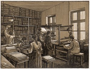 Druckerei in Budapest, Ungarn: Fassung und Vorbereitung von Büchern. Frauenarbeit. ca. 1910 (Illustration)