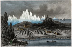 Die Kolonie der Brüdergemeine in Akunnat, Grönland (Lichtenfels), ca. 1850 (Stich) von . .