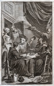 Das Fest der Mönche, die klösterliche Regeln verletzen. Sie trinken Wein, umwerben die Mägde (Gravur)