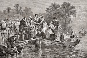 Tabakfrauen oder Tabakbräute kommen in Jamestown, Virginia, USA an von . .