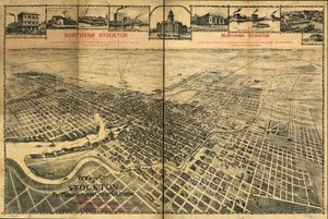 Ansicht der Stadt Stockton, der Industriestadt Kaliforniens, die den Standort von Nord-Stockton zeigt von Dakin Publishing Co.