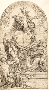 Die Unbefleckte Empfängnis mit den Heiligen Johannes dem Evangelisten, Gregor dem Großen, Johannes Chrysostomus und Augustinus