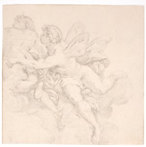 Zwei Figuren in den Wolken, eine davon möglicherweise eine Allegorie des Windes