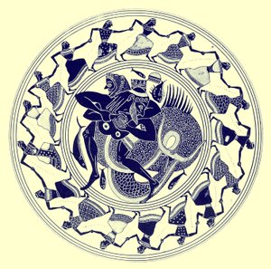Herakles ringt mit Triton, Illustration aus Griechische Vasenmalereien von J. E. Harrison und D. S. MacColl, veröffentlicht 1894 von after English School