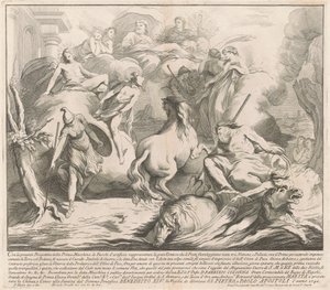 Die Prima Macchina für die Chinea von 1742: Der Wettstreit von Neptun und Minerva von after François Hutin Miguel de Sorellò