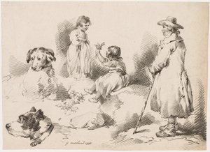 Studien von Kindern (zwei kleine Mädchen); zwei Hunde; ein Mann von after George Morland