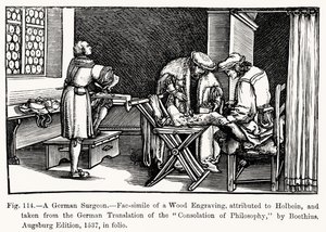 Ein deutscher Chirurg, aus Trost der Philosophie von Boethius, Illustration aus Wissenschaft und Literatur im Mittelalter und der Renaissance, geschrieben und graviert von Paul Lacroix, 1878