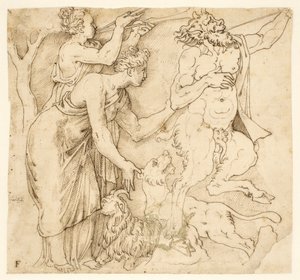 Ein Satyr, zwei Frauen, ein Löwe und eine Ziege von after Giulio Romano