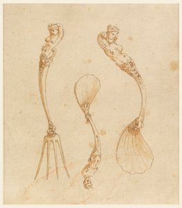 Entwurf für eine Gabel und zwei Löffel von after Giulio Romano