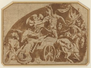 Flucht des Meriones, mit dem toten Coeranos, der aus dem Streitwagen gezogen wird von after Giulio Romano