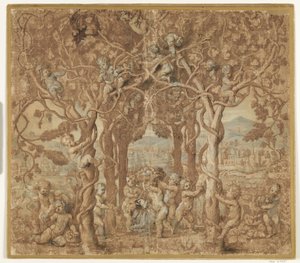 Putti ernten Wein und spielen mit einem Ziegenbock von after Giulio Romano