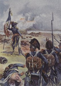 General Augereau pflanzt die Flagge des 1. Bataillons des 99. Regiments vor ihren Linien in der Schlacht von Arcole, Italien, 1796