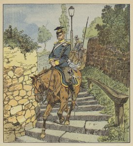 In Châteaudun, Zwei Ulanen reiten die 200 Stufen der Steintreppe hinunter, verfolgt von after Louis Charles Bombled