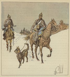 Preußische Kavalleristen auf Erkundung, begleitet von angeleinten Hunden von after Louis Charles Bombled