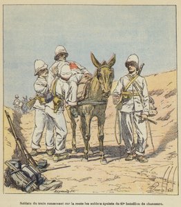 Soldaten des Trains sammeln erschöpfte Soldaten des 40. Jägerbataillons auf der Straße ein von after Louis Charles Bombled