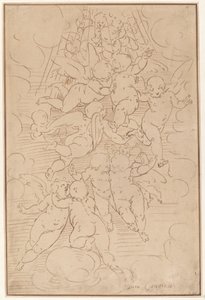 Eine Gruppe von Engeln in Herrlichkeit von after Luca Cambiaso Italian 17th Century