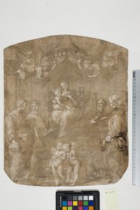 Madonna mit Kind und den Heiligen Petrus, Bernhard (oder Bruno), Jakobus, Augustinus und vier Engeln, Madonna del Baldacchino von after Raphael