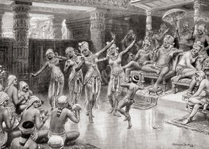 Eine Künstlerimpression aus dem 19. Jahrhundert von Gautamiputra Satakarani, der seinen Sieg über Nahapana feiert, aus Hutchinsons Geschichte der Nationen, veröffentlicht 1915 von after Robert Dudley