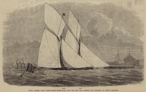 Segelwettbewerb des Royal London Yacht Club, die Romp und die Julia passieren die Flaggenboje in North Woolwich
