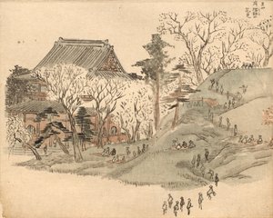 Kirschblütenbesichtigung am Tempel auf dem Berg Suribachi nach einem Entwurf in Band 5 des Bilderbuchs der Souvenirs von Edo (Ehon Edo miyage)