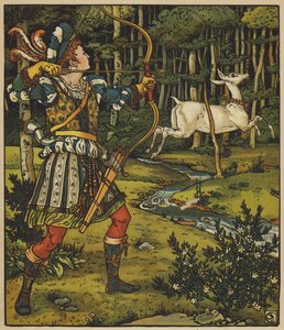 Prinz Guerrier verfolgt die Hirschkuh im Wald von after Walter Crane