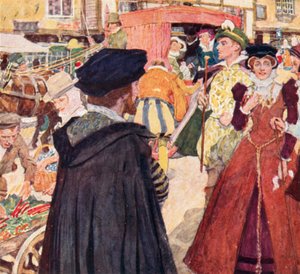 Shakespeare beobachtet die törichten Moden und Possen der Gecken auf dem Ludgate Hill, London von after William Hatherell