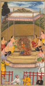 Yaja und Upayaja führen ein Opfer durch, damit Dhrishtadyumna aus dem Feuer hervorgeht, aus dem Adi-parva (Band eins) des Razm-nama (Buch der Kriege), adaptiert und ins Persische übersetzt von Mir Ghiyath al-Din Ali Qazvini, bekannt als Naqib Khan (Perser,