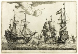 Drei vertäute Segelschiffe, aus Dreizehn Marineszenen