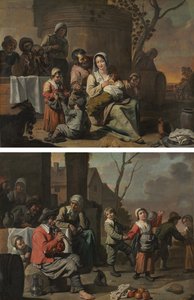 Weinszene und tanzende Bauernkinder (Gemäldepaar)