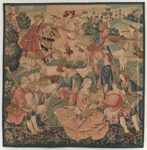Jagdszenen und pastorale Szenen mit einem bekränzten Helden zwischen Damen von design probably French 16th Century, Paris; woven in southern Netherlands or Paris in an undetermine workshop