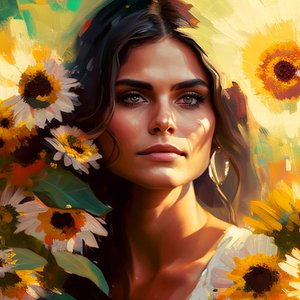 Abstraktes schönes mexikanisches Frauenporträt mit Sonnenblumen