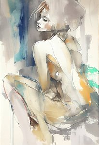 Schöne Frau sitzt, Aquarellmalerei