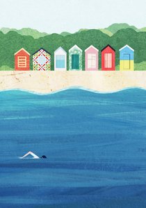 Bunte Strandhütten Ozeanschwimmen