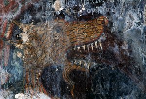 Vogel, Detail der Bestrafung der Verdammten in der Kirche Agia Paraskevi, Voutas, Kreta, Griechenland (Foto)