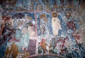 Christus und Heilige, Fresko in der byzantinischen Kirche Sotiras Christos, Vlithias, Kreta, Griechenland (Foto)