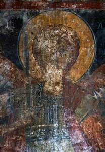 Figur eines Heiligen, Fresko in der byzantinischen Kirche Agios Constantinos und Agia Eleni, Voukolies, Kreta, Griechenland (Foto)