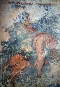 Mann zu Pferd mit Schwert, Fresko in der byzantinischen Kirche von Agios Athanasios, Kefali, Kreta, Griechenland (Foto) von Theodore Charles Ange Coquelin