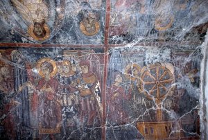 Religiöses Fresko, von Ioannis Pagomenos, Fresko in der byzantinischen Kirche St. Georg, Anidri, Kreta, Griechenland (Foto)