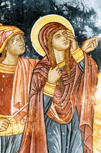 St. Longinus und Maria, Kreuzigungsszene, Fresko im Mikro Sotiris Kloster, Symi Insel, Griechenland (Foto) von Theodore Charles Ange Coquelin