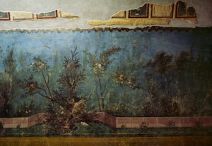 Fresko, das einen Garten mit Bäumen und Vögeln darstellt, aus dem Haus der Livia auf dem Palatin, Rom, Italien. Römische Zivilisation