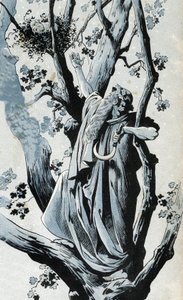 Ein gallischer Druide, der in einer Eiche klettert, um Mistelzweige mit seinem Serpe zu pflücken, entdeckt dort ein kleines Mädchen. In „Frankreich, seine Geschichte erzählt von G. Montorgueil, illustriert von Job“ 1896. Private Sammlung.