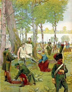 Abrüstungen von Napoleon I. Bonaparte (1769-1821) auf der Insel Lobau vor der Schlacht von Wagram am 5. und 6. Juli von pseudonym for Onfray de Breville Jacques Job