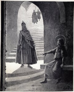 Sei ein Christ, ich werde dich zum Ritter machen - die Worte von Ludwig IX., genannt Saint Louis (1214-1270), zu einem Häuptling, der das Gefängnis betrat, um sich zum Ritter zu machen. Illustration von Job (Jacques Marie Gaston Onfray und Breville) von pseudonym for Onfray de Breville Jacques Job