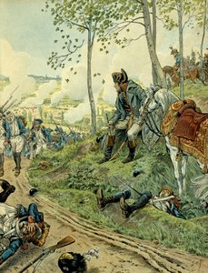 Italienfeldzug (1799-1800): Napoleon I. Bonaparte (1769-1821) in der Schlacht von Marengo am 14. Juni 1800 in Piemont (Italien), die die napoleonischen und österreichischen Armeen gegenüberstellt. Illustration von Jacques Marie Gaston Onfray de Breville, g