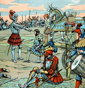 Der französische König Franz I. wird nach der Schlacht von Marignano am 14. September von Bayard zum Ritter geschlagen von pseudonym for Onfray de Breville Jacques Job