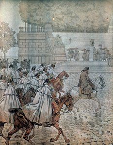 Deutscher Feldzug 1813: Napoleon I. Bonaparte (1769-1821) und sein Generalstab kehren nach dem Sieg in der Schlacht am 26. und 27. August nach Dresden zurück. In „Napoleon“ von Georges Montorgueil. Illustration von Jacques Marie Gaston Onfray de Breville, 