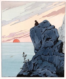Ich komme, wie Themistokles, um mich im Haus des britischen Volkes niederzulassen, Worte von Napoleon I. Bonaparte in melancholischer Haltung im Exil auf einem Felsen der Insel St. Helena. Illustration von Job (Jacques Marie Gaston Onfray de Bréville) von pseudonym for Onfray de Breville Jacques Job