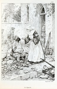 Illustration aus dem Buch „La Grande Guerre par les artistes“: „La cigarette septembre 1914“ - Ein Geistlicher gibt einem verwundeten Soldaten eine Zigarette. Von Jacques Marie Gaston Onfray de Breville dit JOB (1858-1931), Private Sammlung von pseudonym for Onfray de Breville Jacques Job
